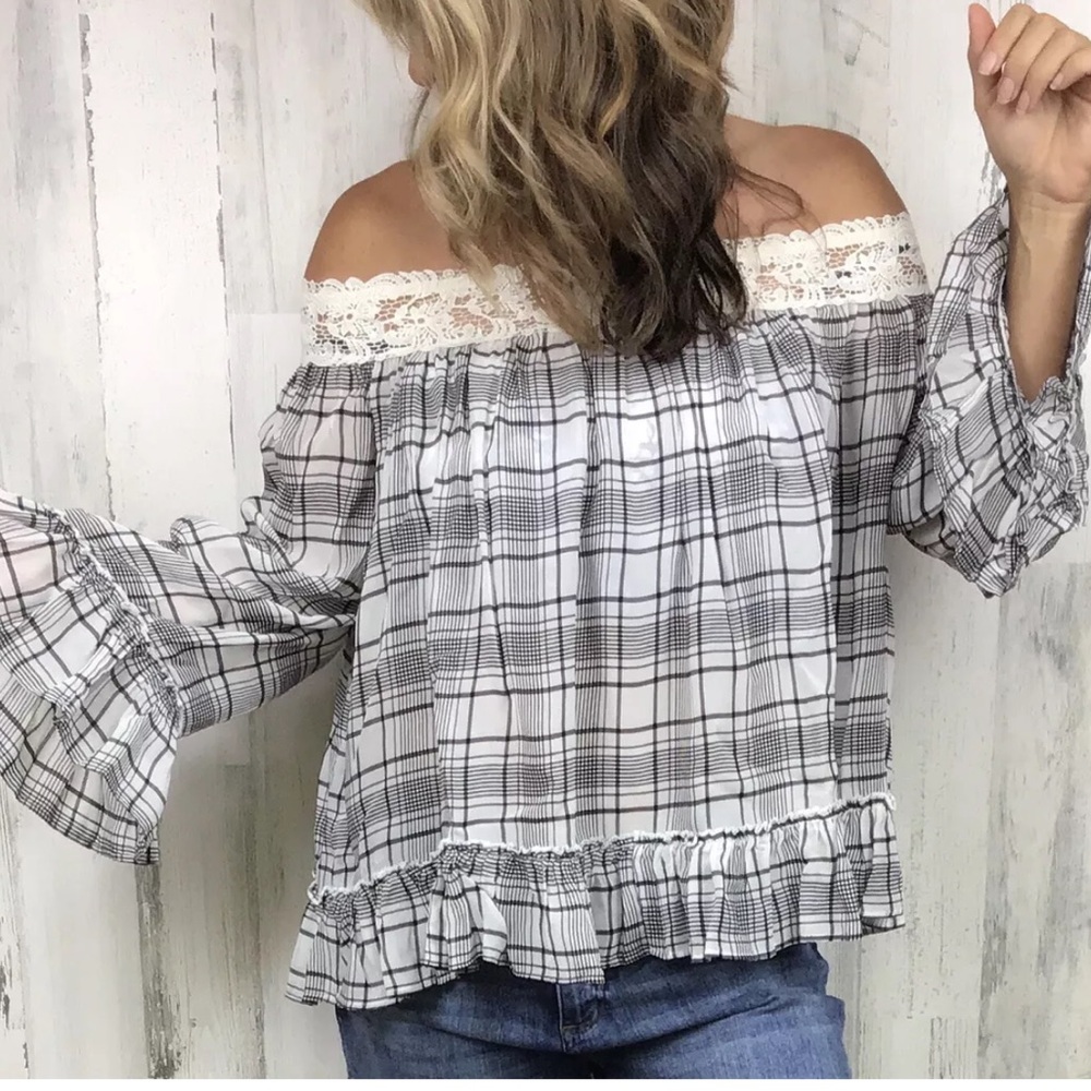 Loft Flowy Plaid Off Shoulder Top